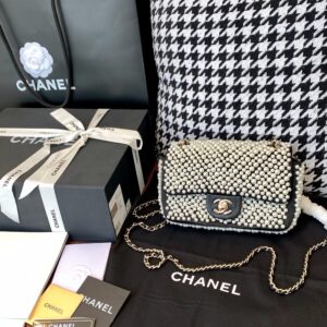 Chane Black Pearl Studded Mini Classic Flap Bag