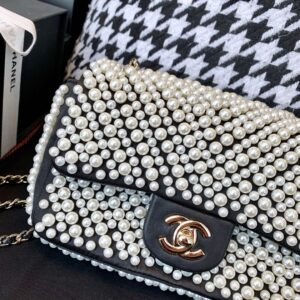 Chane Black Pearl Studded Mini Classic Flap Bag