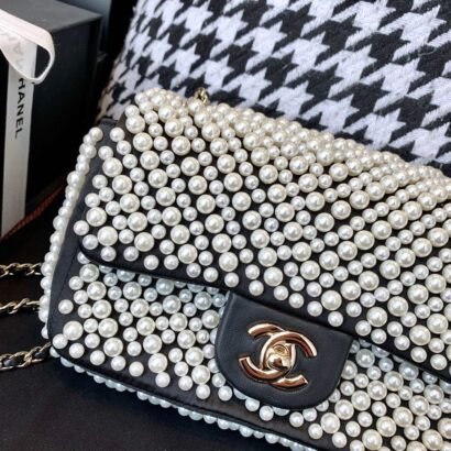 Chane Black Pearl Studded Mini Classic Flap Bag