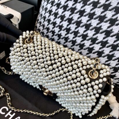 Chane Black Pearl Studded Mini Classic Flap Bag
