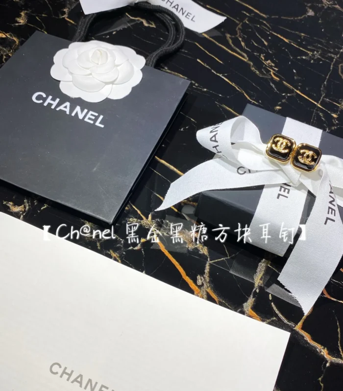 Chanel Black Gold Square Earrings