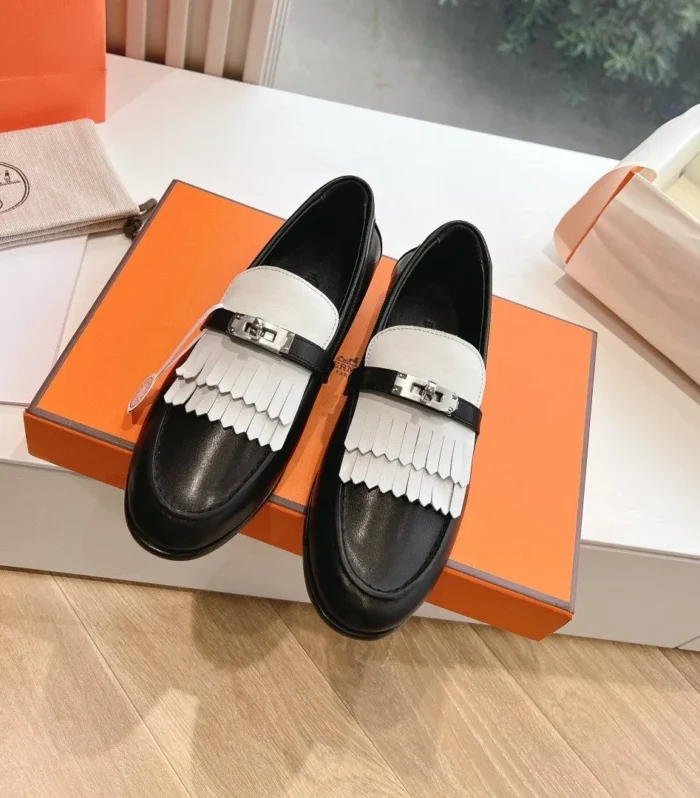 Destin Loafer Black Goatskin with White Fringe Detail