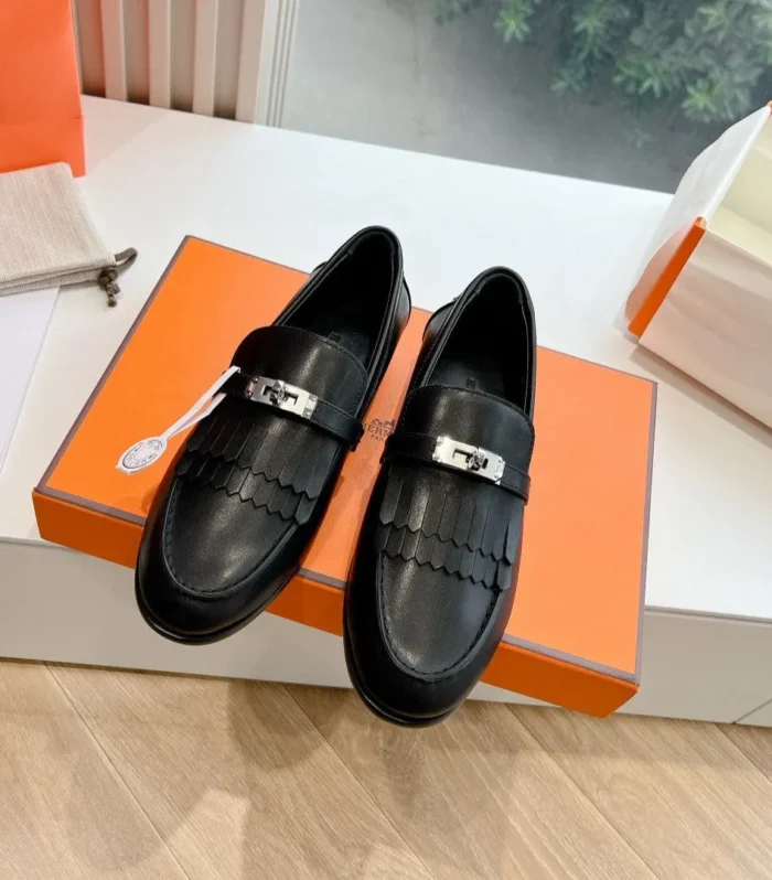 Destin Loafer Black Goatskin with Fringe Detail