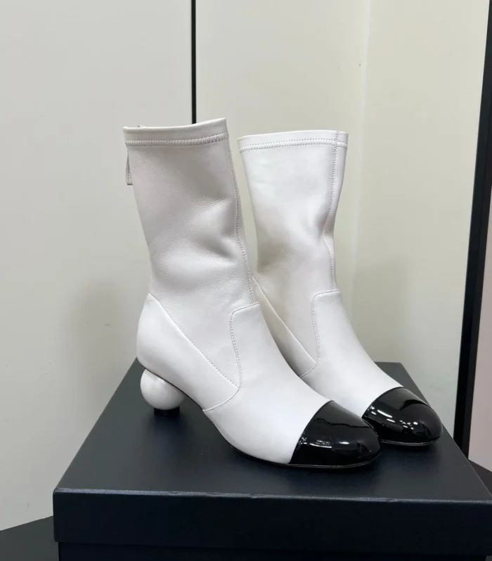 Chanel Double C Giant Pearl Heel Stretch Boots White Sheepskin 441706