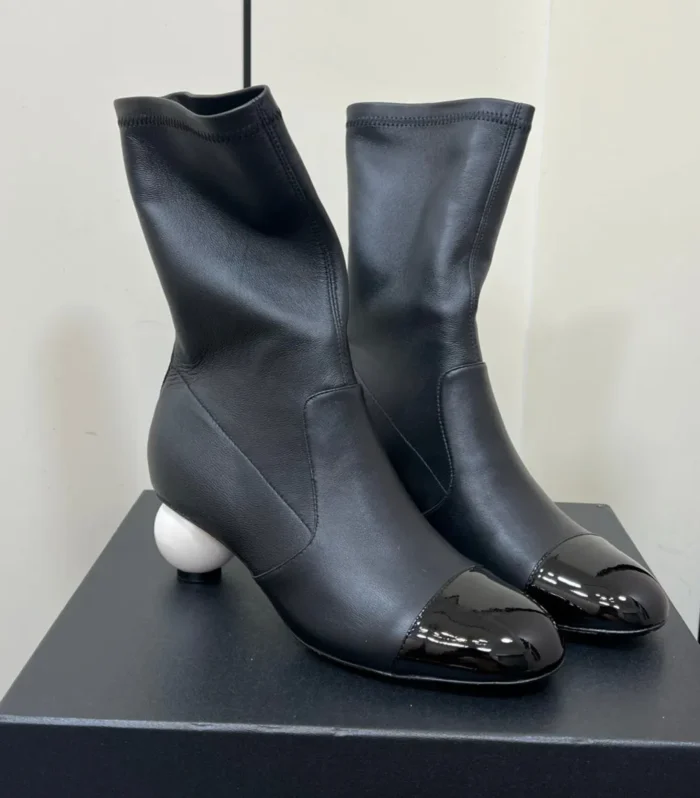 Chanel Double C Giant Pearl Heel Stretch Boots Black Sheepskin 441707