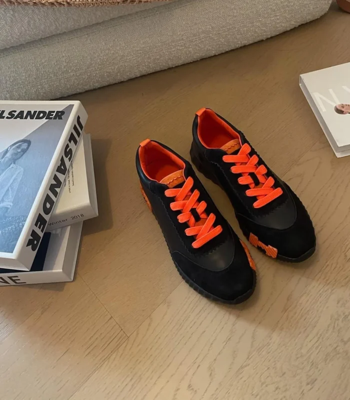 BOUNCING SNEAKERS BLACK CALFSKIN WITH ORANGE LACES