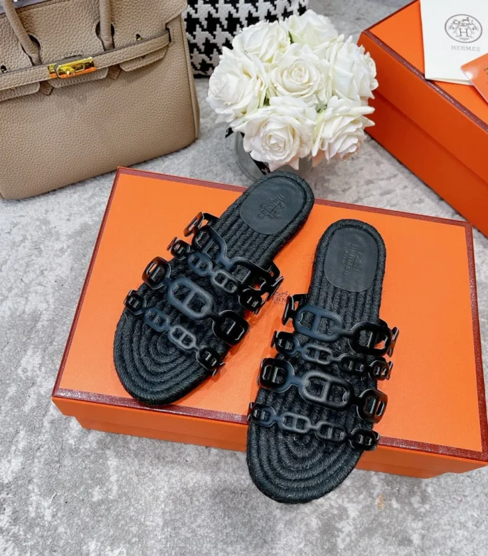 BLACK STRAW SOLE SLIPPERS BLACK LAMBSKIN