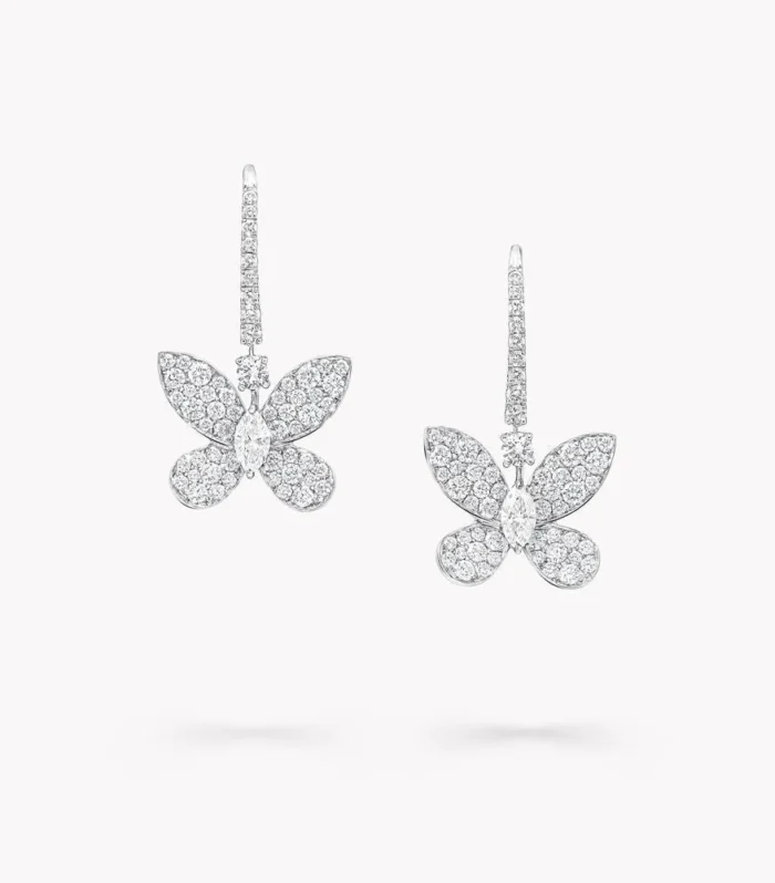 BUTTERFLY SILVER DIAMOND PAVED DROP EARRINGS