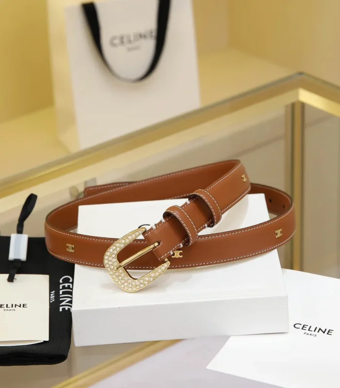 CL MEDIUM 25 MM MARCO BELT WITH STRASS IN BRONZE BROWN CALFSKIN GOLD HARDWARE