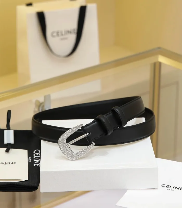 CL MEDIUM 25 MM MARCO BELT WITH STRASS IN BLACK CALFSKIN SILVER HARDWARE