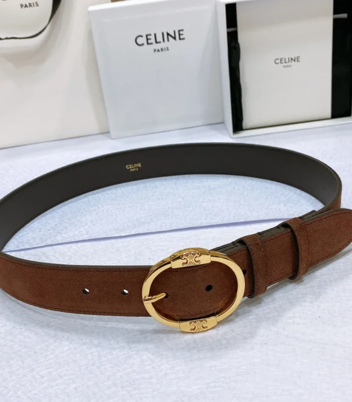 CL LARGE 35MM TWIN TRIOMPHE BELT IN CHOCOLATE BROWN SUEDE GOLD HARDWARE