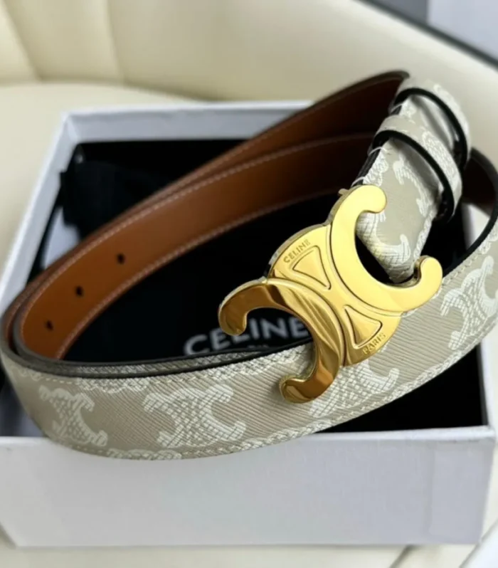 CEL Gold 25mm Triomphe Belt White Beige Canvas 180418