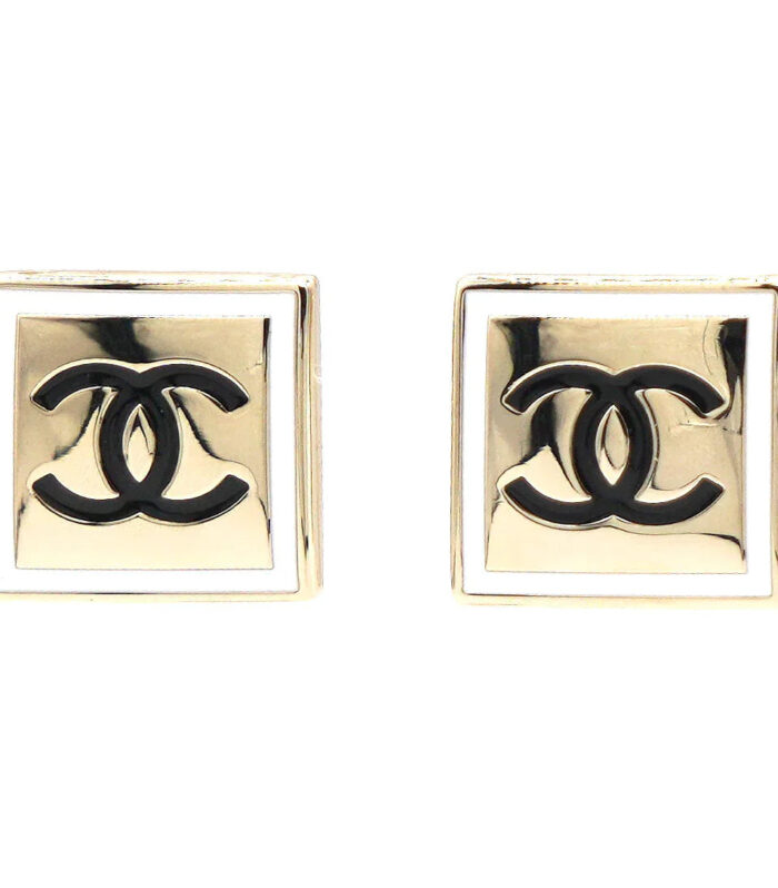 CC LIGHT GOLD AND WHITE ENAMEL SQUARE EARRINGS