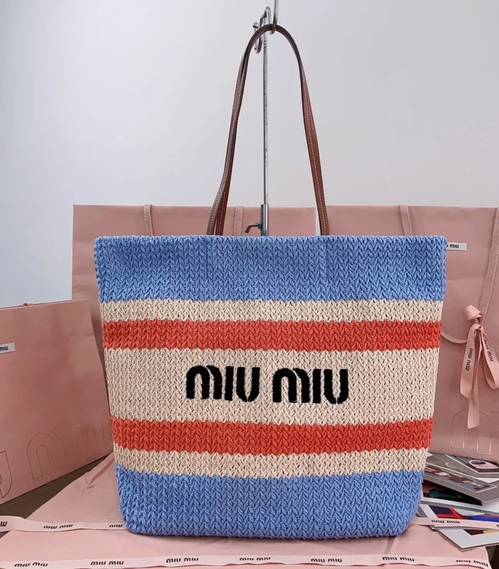 TOTE BAG 40 IN STRIPED PATTERN OF LIGHT BLUE ORANGE AND CREAM WHITE WOVEN RAFFIA