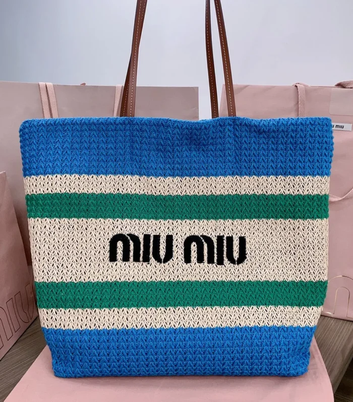 TOTE BAG 40 IN STRIPED PATTERN OF BLUE GREEN AND CREAM WHITE WOVEN RAFFIA