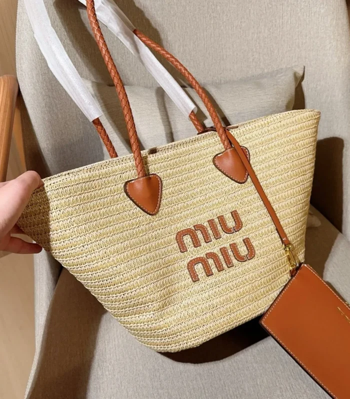 PALMETTO TOTE BAG 25 IN BEIGE WOVEN RAFFIA BROWN CALFSKIN TRIM