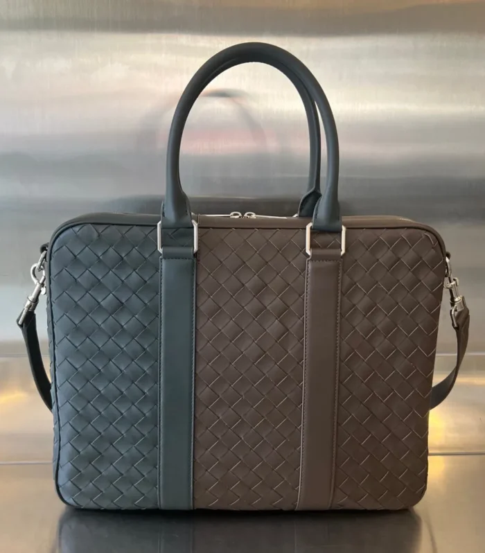 Large Intrecciato 40 Briefcase In Light Brown Mix Dark Green Calfskin