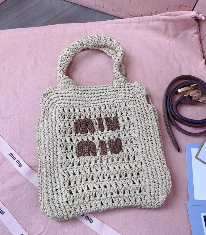 Miu Miu Tote Woven Bag Beige mix Brown Raffia