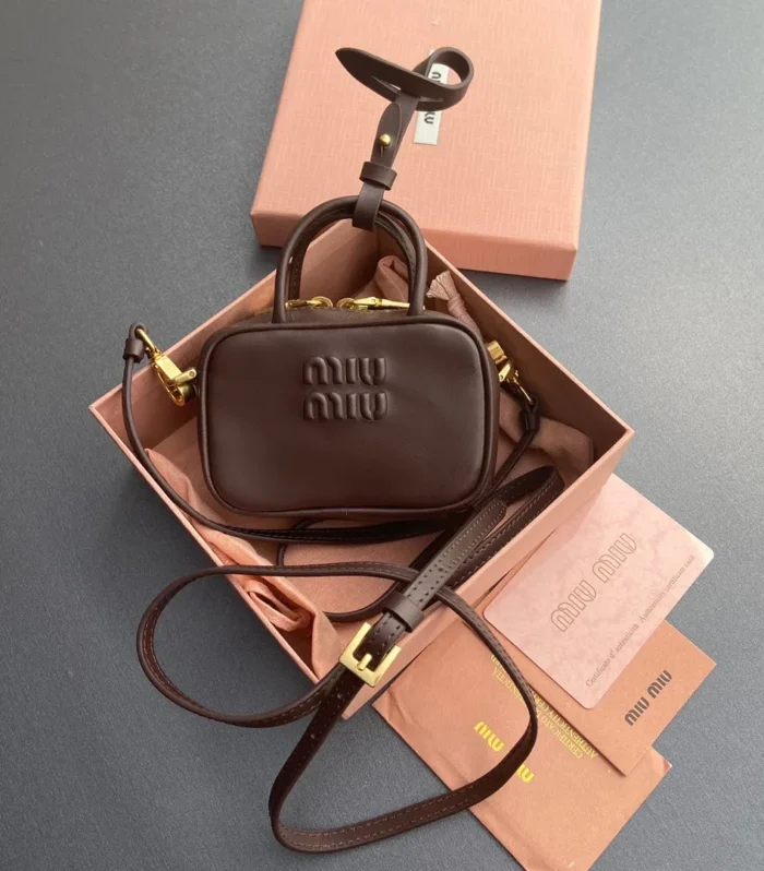 MICRO BAG KEYCHAIN 11 IN ROCK BROWN CALFSKIN EMBOSSED LOGO