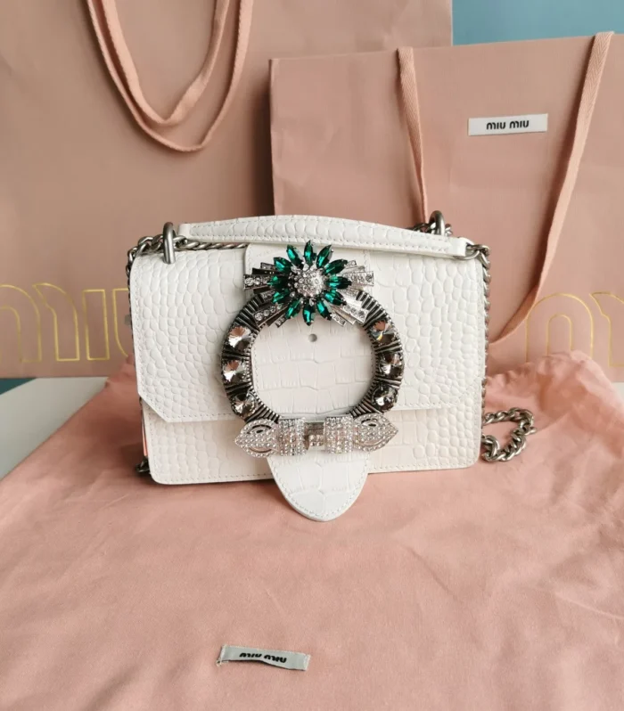LADY 20 HANDBAG IN CROCODILE PATTERN WHITE CREAM CALFSKIN