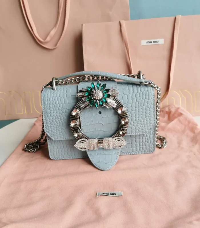 LADY 20 HANDBAG IN CROCODILE PATTERN BLUE PASTEL CALFSKIN