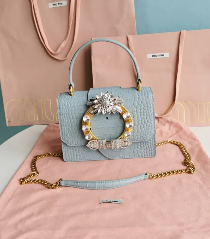 LADY 20 HANDBAG IN CROCODILE PATTERN BLUE MINT CALFSKIN