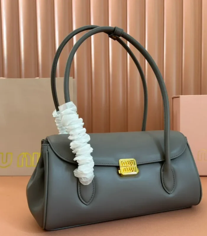 BEAU TOP HANDLE BAG 28 IN LAVA GREY GLOSSY CALFSKIN GOLD HARDWARE