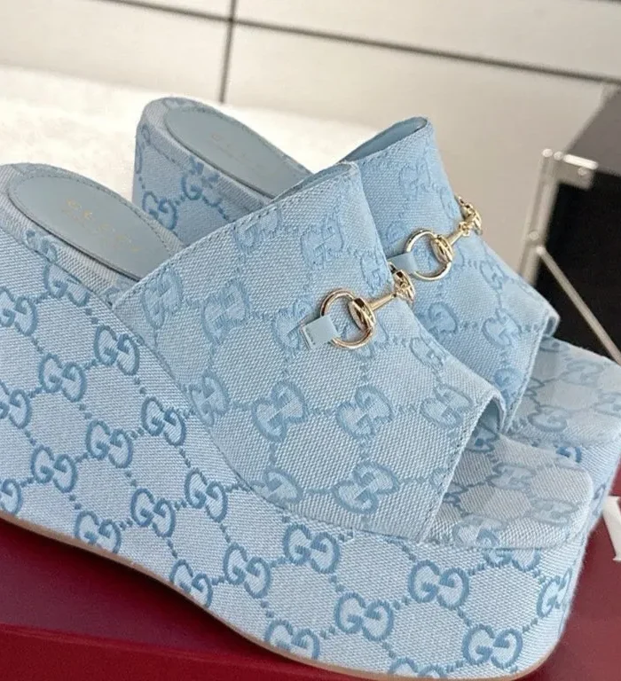 GC Wedge With Horsebit Sandal Light Blue Canvas 292421