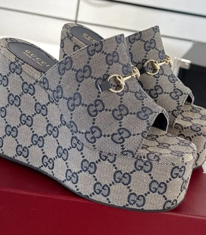 GC Wedge With Horsebit Sandal Gray Blue Canvas 292420
