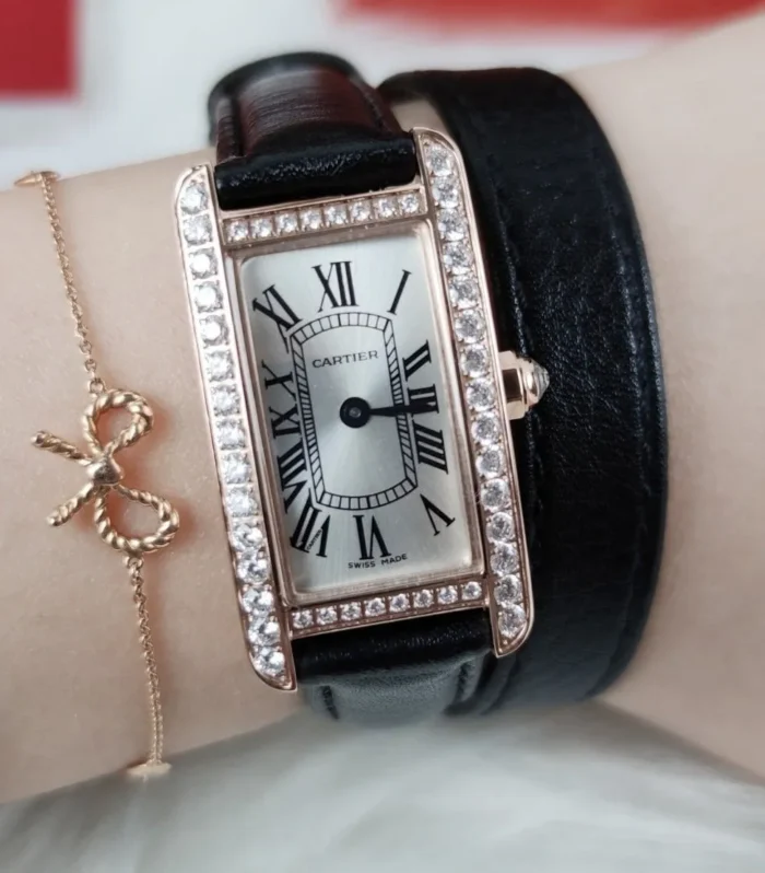 TANK AMERICAINE QUARTZ ROSE GOLD DIAMOND BEZEL SILVER DIAL
