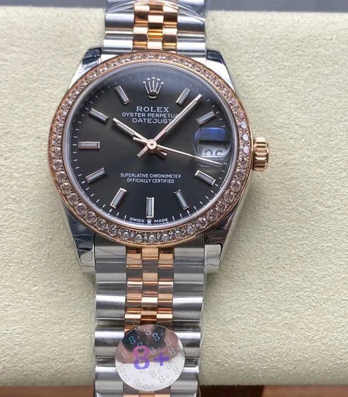 Datejust 31mm Pink Gold Steel Diamond Bezel Dark Grey Dial