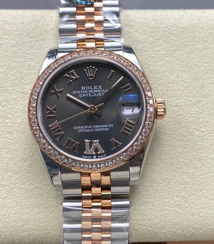 Datejust 31mm Pink Gold Steel Diamond Bezel Dark Grey Dial Diamond Numerals