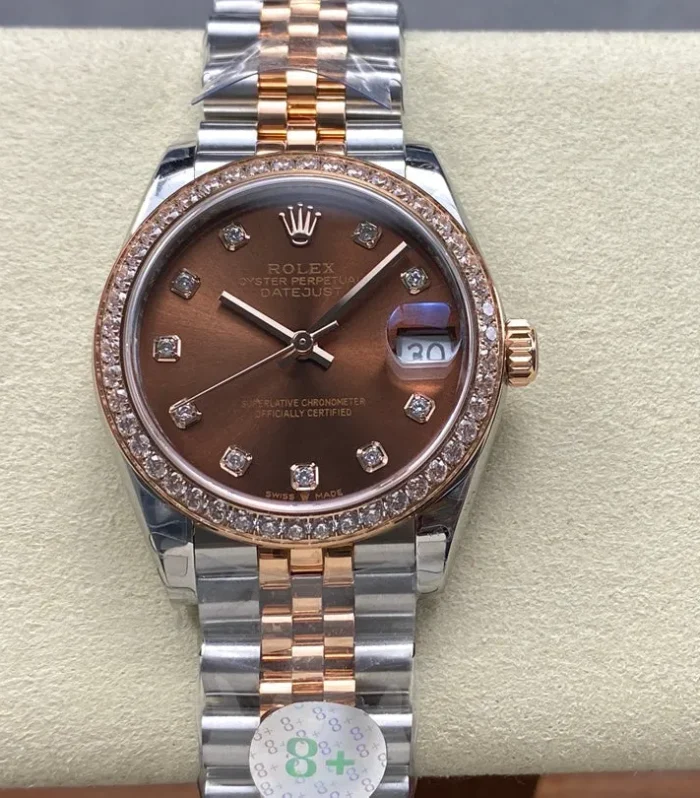 Datejust 31mm Pink Gold Steel Diamond Bezel Chocolate Dial Diamond Numerals