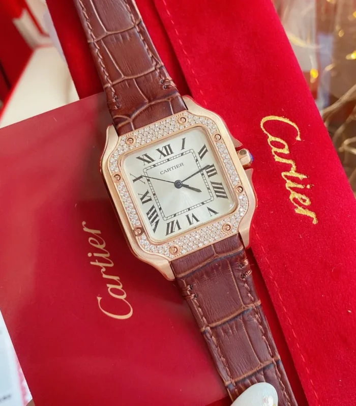 SANTOS LADY 35MM QUARTZ ROSE GOLD CASE DIAMOND BEZEL LEATHER
