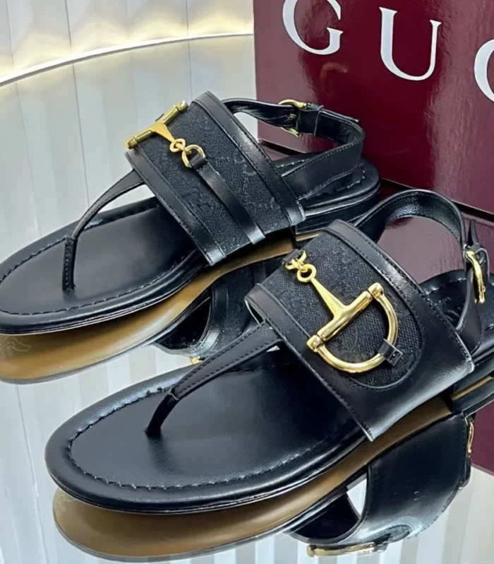 GC Horsebit Thong Sandals Black Canvas Sheepskin 294539