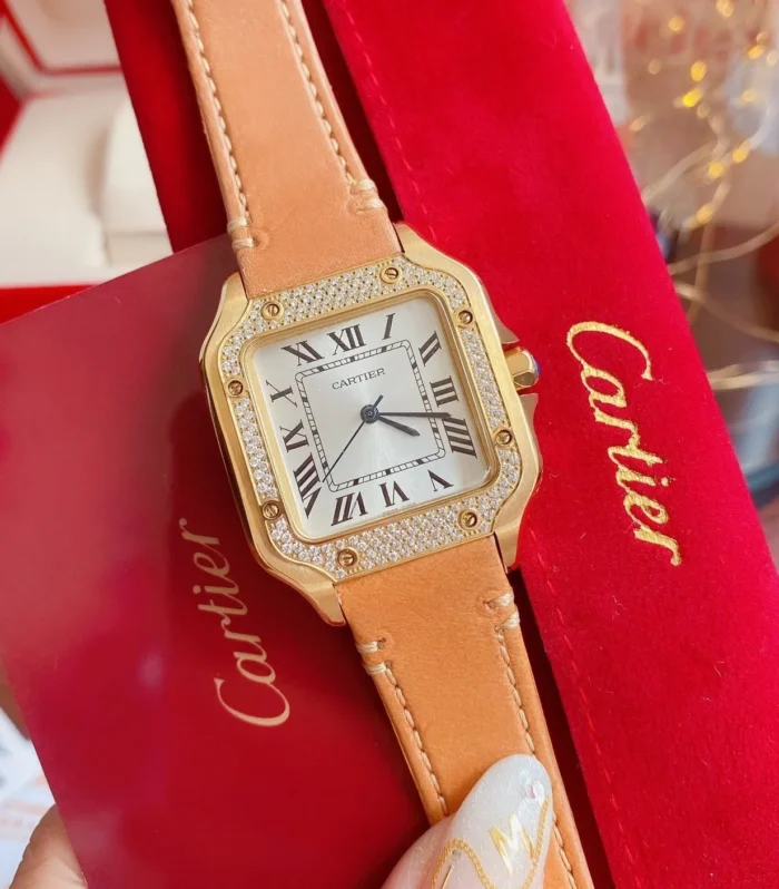 SANTOS LADY 35MM QUARTZ 35MM GOLD CASE DIAMOND BEZEL LEATHER