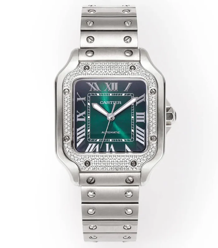 SANTOS LADY 35.1MM STEEL CASE DEEP GREEN DIAL DIAMOND BEZEL