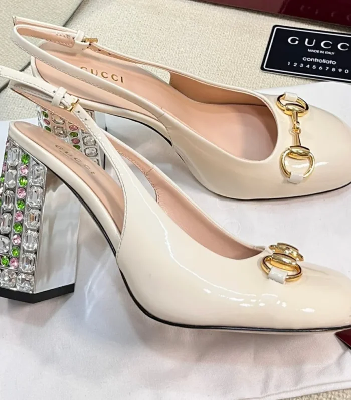 GC Horsebit Slingback with Crystal 95mm Ivory Patent Leather 294595