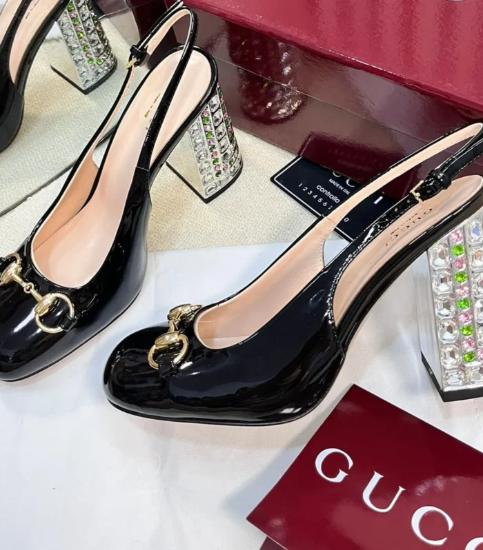 GC Horsebit Slingback with Crystal 95mm Black Patent Leather 294598