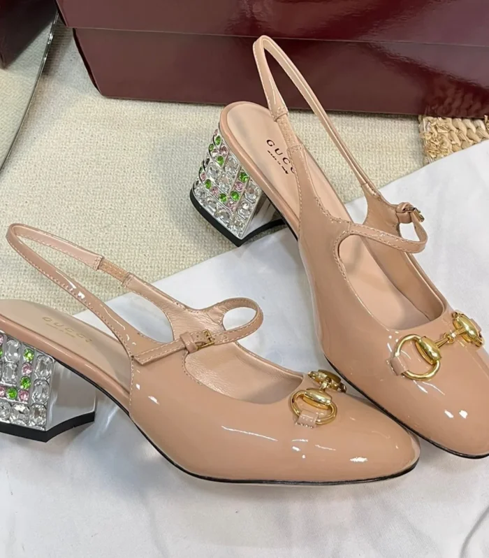 GC Horsebit Slingback with Crystal 65mm Rose Beige Patent Leather 294601