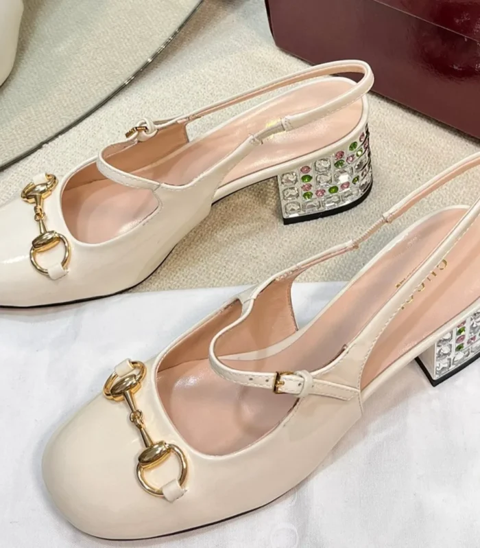 GC Horsebit Slingback with Crystal 60mm Ivory Patent Leather 294599