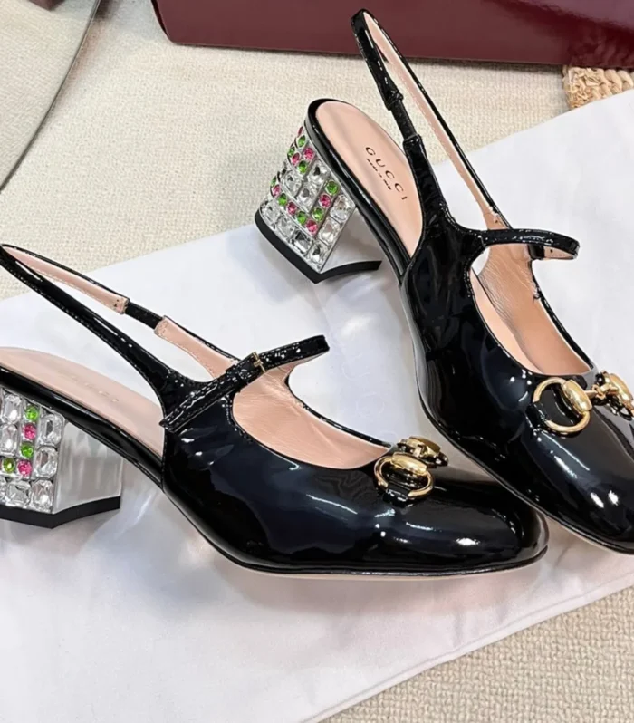 GC Horsebit Slingback with Crystal 60mm Black Patent Leather 294602