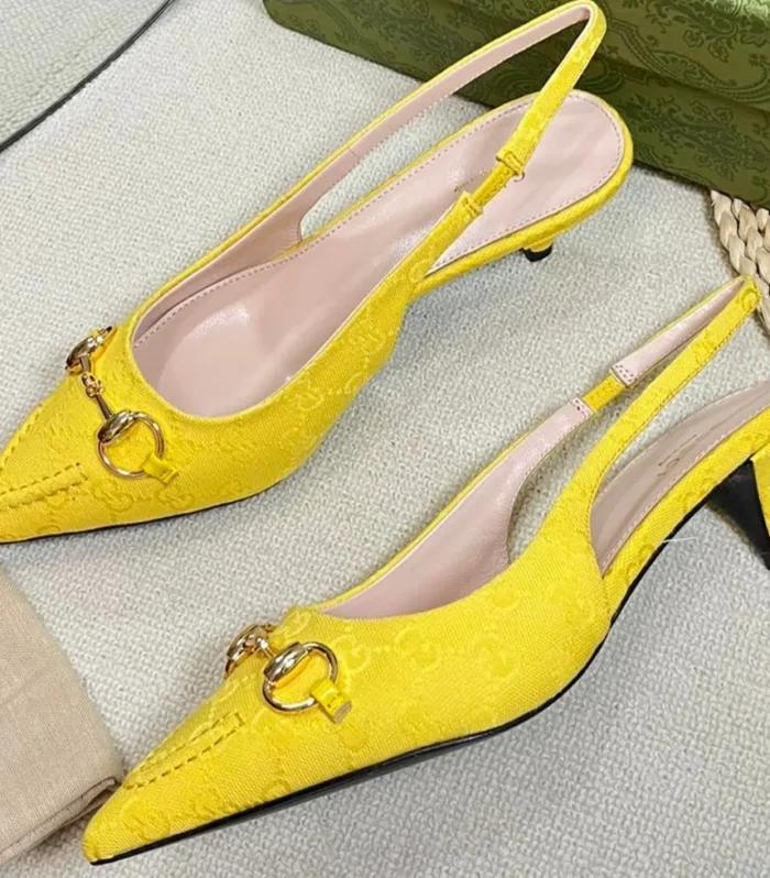 GC Horsebit Slingback Pump 50mm Yellow Canvas Sheepskin 294545