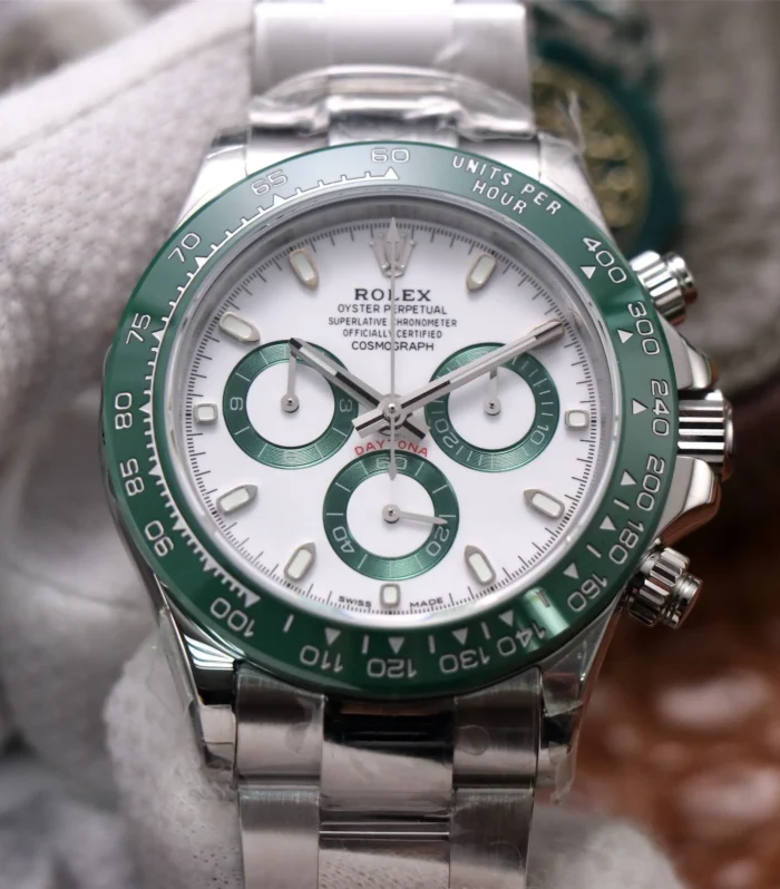 DAYTONA 40MM STEEL CASE GREEN BEZEL WHITE DIAL