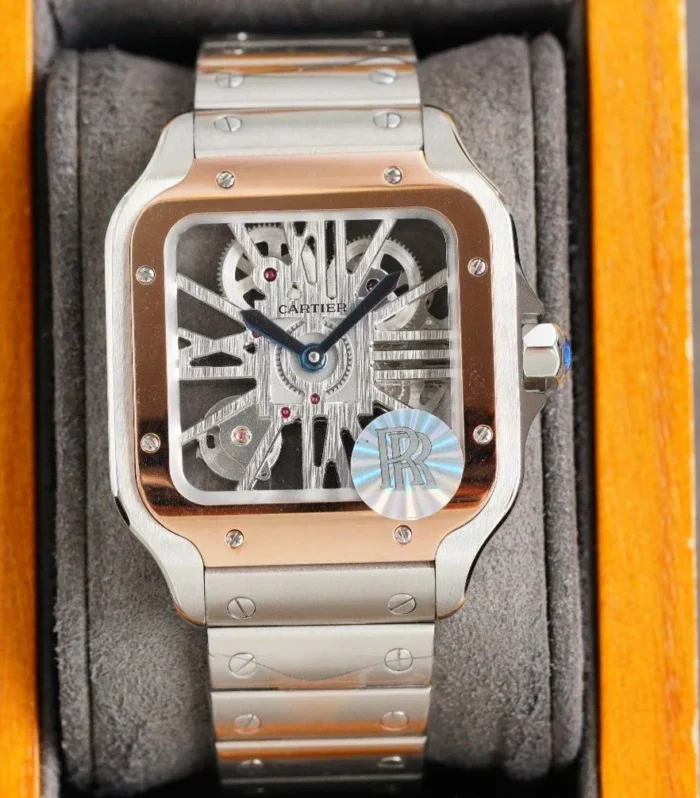 SANTOS DE CARTIE STAINLES STEEL SKELETON DIAL ROSE GOLD BEZEL