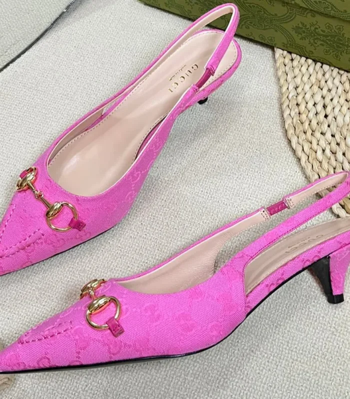 GC Horsebit Slingback Pump 50mm Pink Canvas Sheepskin 294547