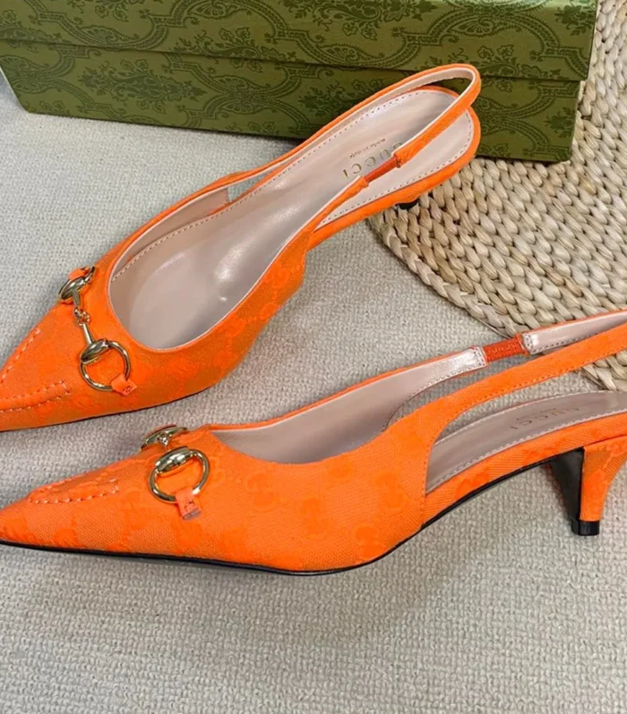 GC Horsebit Slingback Pump 50mm Orange Canvas Sheepskin 294544