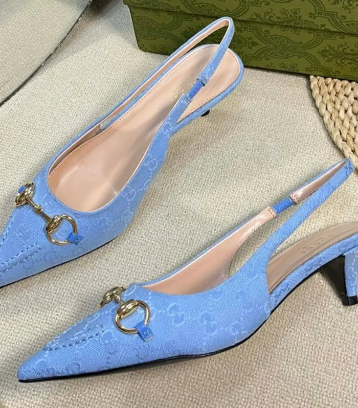 GC Horsebit Slingback Pump 50mm Blue Canvas Sheepskin 294546