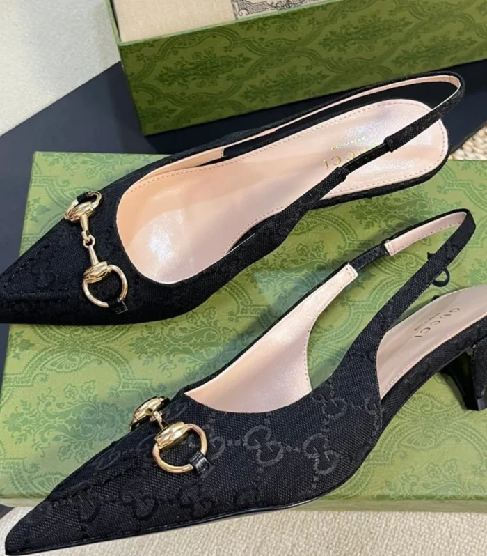 GC Horsebit Slingback Pump 50mm Black Canvas Sheepskin 294558