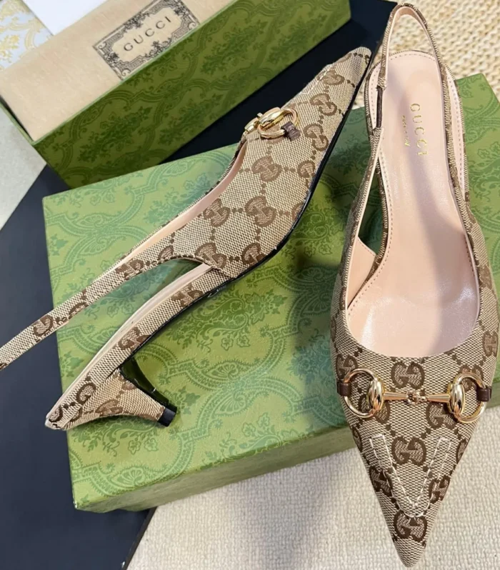 GC Horsebit Slingback Pump 50mm Beige mix Brown Canvas Sheepskin 294560
